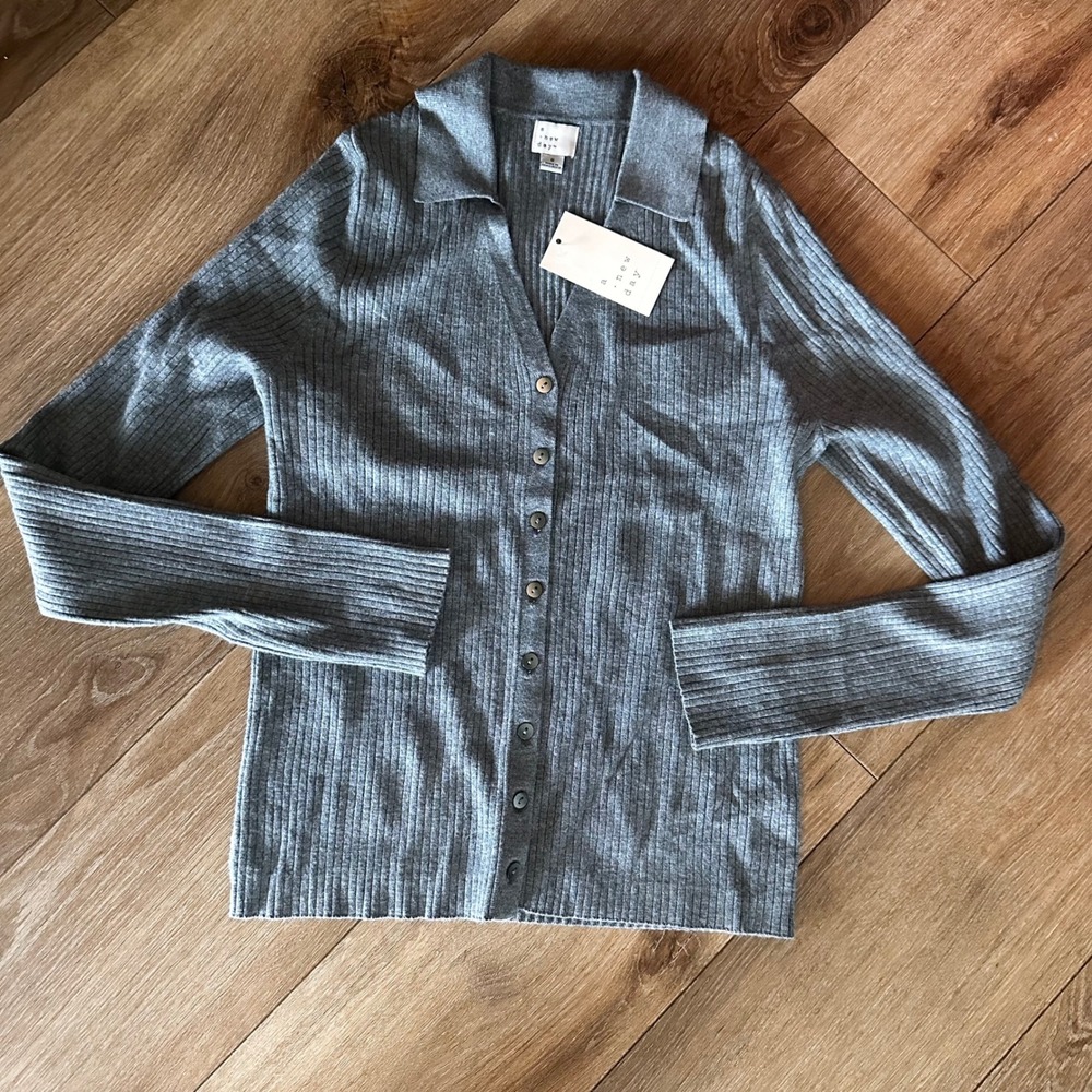 A New Day Womens Ribbed Polo Cardigan Heather Grey Button Front Small NWT